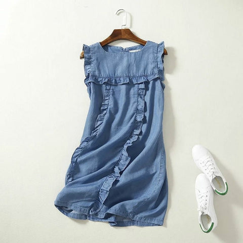 High Waist Sleeveless Mini Soft Jeans Dress Women Frilled Ruffles