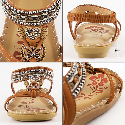 Retro Flower Print Sewing Shoes Rhinestone Sandals Soft Platform Elastic Band Sandals