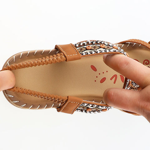 Retro Flower Print Sewing Shoes Rhinestone Sandals Soft Platform Elastic Band Sandals