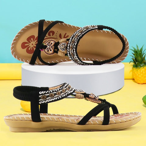 Retro Flower Print Sewing Shoes Rhinestone Sandals Soft Platform Elastic Band Sandals