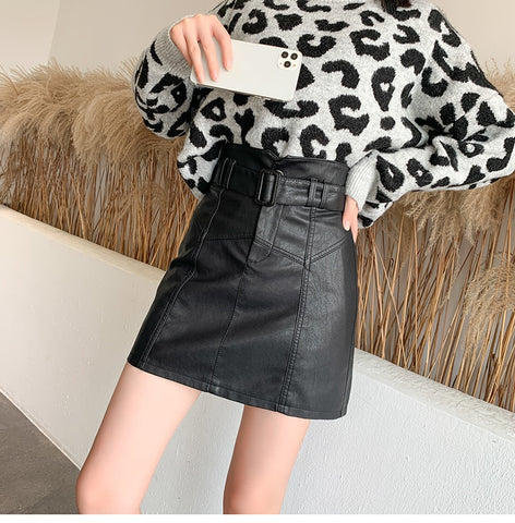 Washed PU Leather Skirt Korean Slim High Waist Shorts Skirt