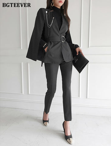 Stylish Women Blazer Set Belted Cloak Jacket & Suit Pants