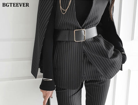 Stylish Women Blazer Set Belted Cloak Jacket & Suit Pants