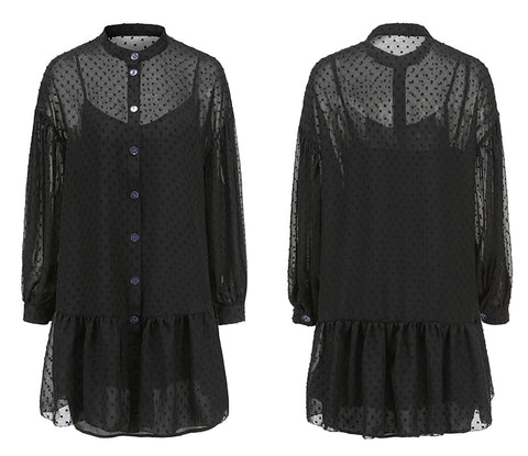 Elegant Black Dot Party Petticoat Long Sleeve Ruffle Ladies Clothes