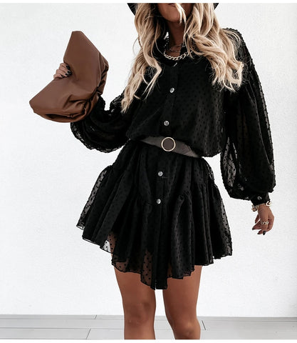 Elegant Black Dot Party Petticoat Long Sleeve Ruffle Ladies Clothes