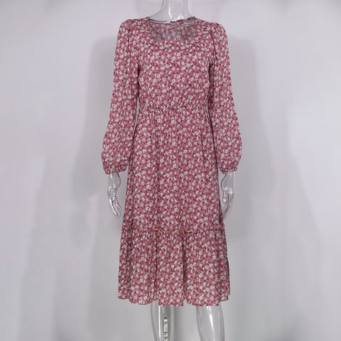 Long Sleeve Elegant Ladies Flower Square Collar Dresses