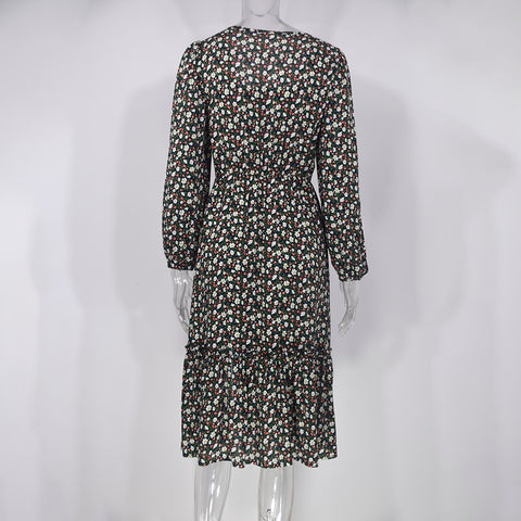 Long Sleeve Elegant Ladies Flower Square Collar Dresses