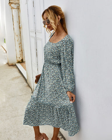 Long Sleeve Elegant Ladies Flower Square Collar Dresses