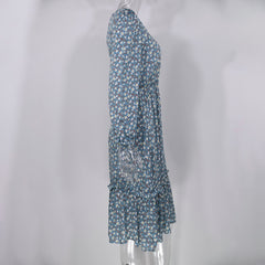 Long Sleeve Elegant Ladies Flower Square Collar Dresses