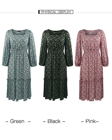 Long Sleeve Elegant Ladies Flower Square Collar Dresses