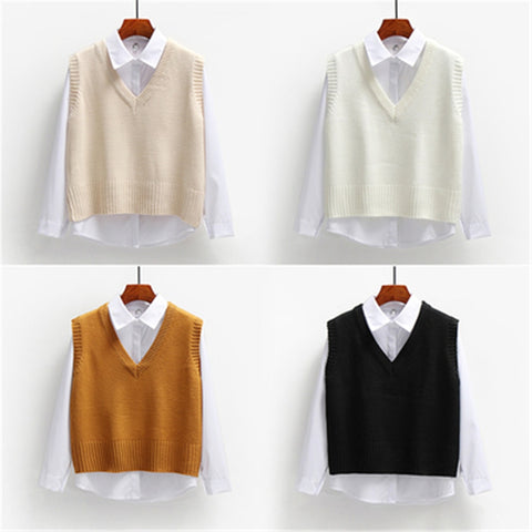 Short Loose Knitted Sweater Sleeveless V-Neck Pullover Tops