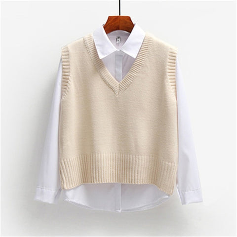 Short Loose Knitted Sweater Sleeveless V-Neck Pullover Tops