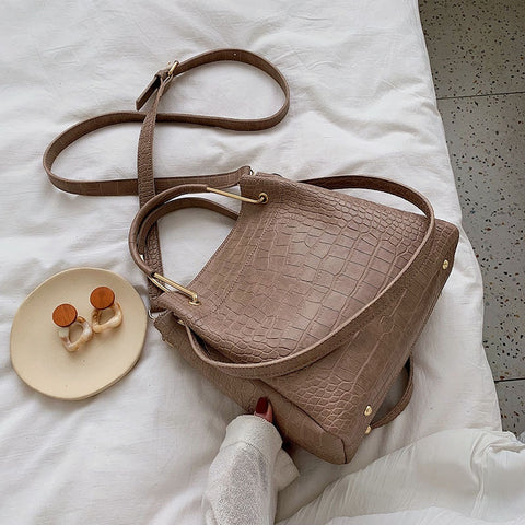 Stone Pattern PU Leather Bucket Bags For Women  Shoulder Messenger