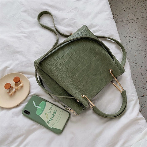 Stone Pattern PU Leather Bucket Bags For Women  Shoulder Messenger
