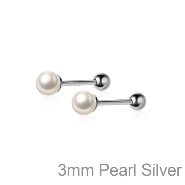 Sterling Silver Charm Min Pearl Beads Screw Stud Earrings