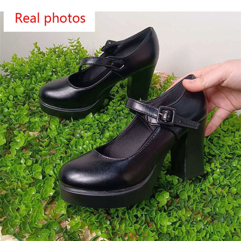 Square High Heels Platform Pumps Sumer Shallow Mouth Buckle Strap Shoes
