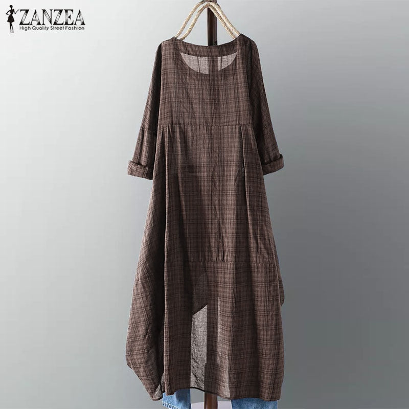 Asymmetrical Midi Dress Long Sleeve Plaid Vestidos