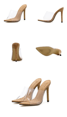 Fashion PVC Transparent Sexy High Heel Pointed Toe Peep Toe Women Slippers Slip O