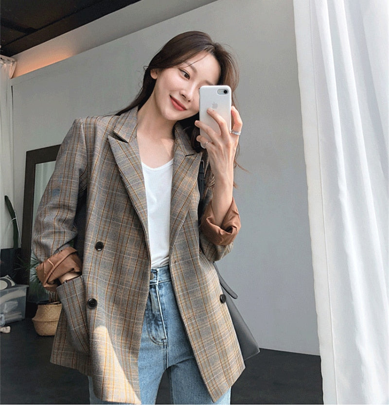 Vintage Plaid Double Breasted Women Blazer Oversized Outwear