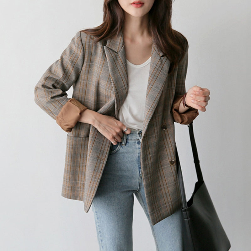 Vintage Plaid Double Breasted Women Blazer Oversized Outwear