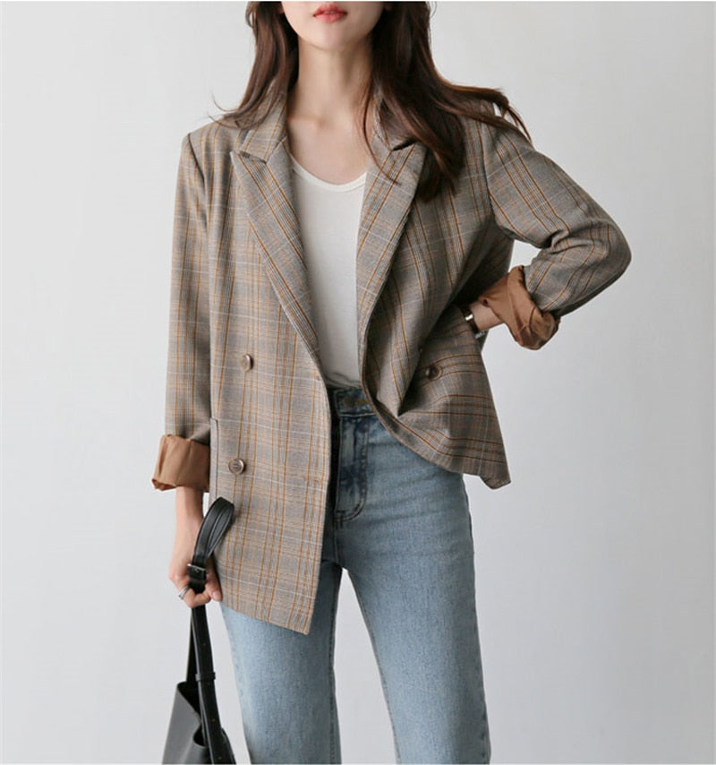 Vintage Plaid Double Breasted Women Blazer Oversized Outwear