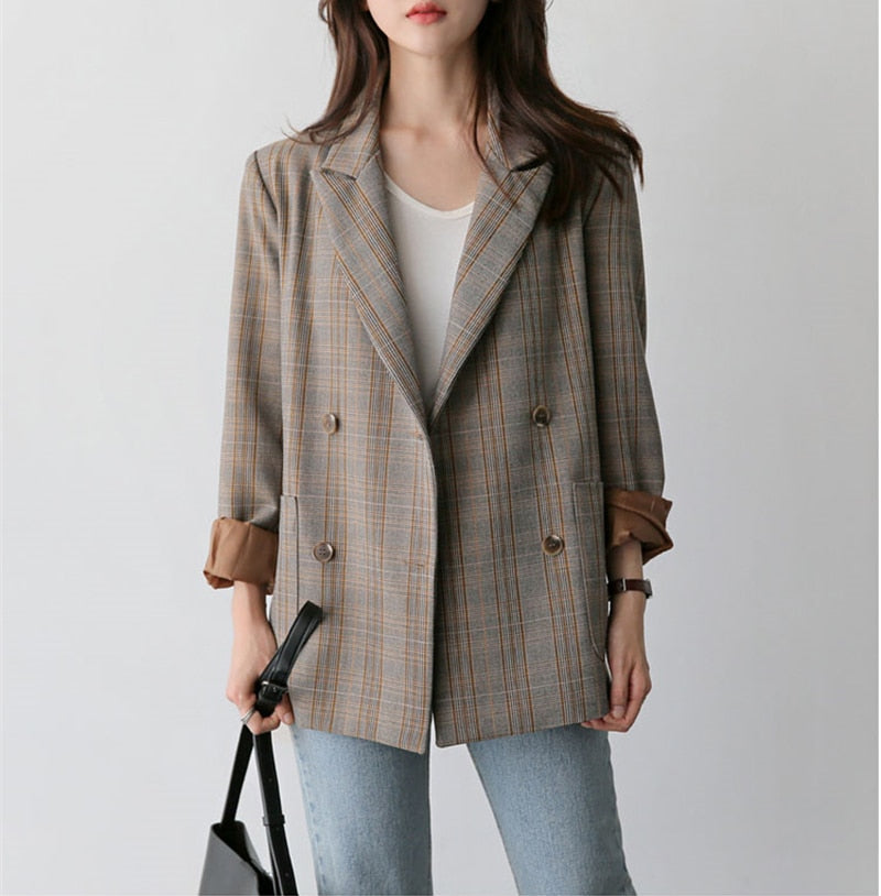 Vintage Plaid Double Breasted Women Blazer Oversized Outwear