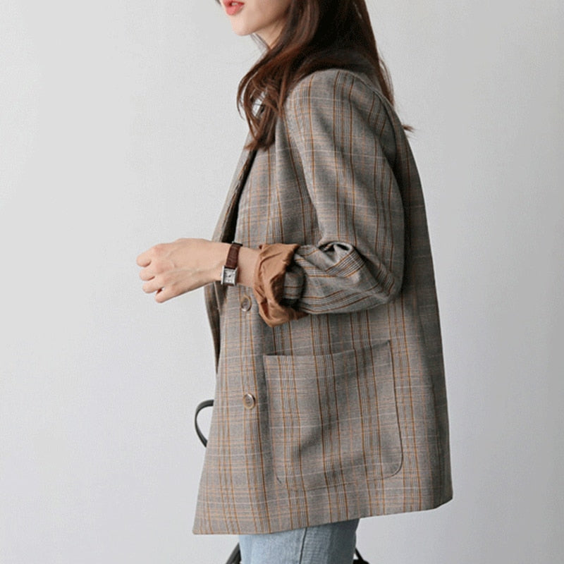 Vintage Plaid Double Breasted Women Blazer Oversized Outwear