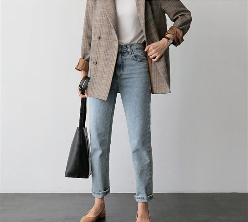 Vintage Plaid Double Breasted Women Blazer Oversized Outwear