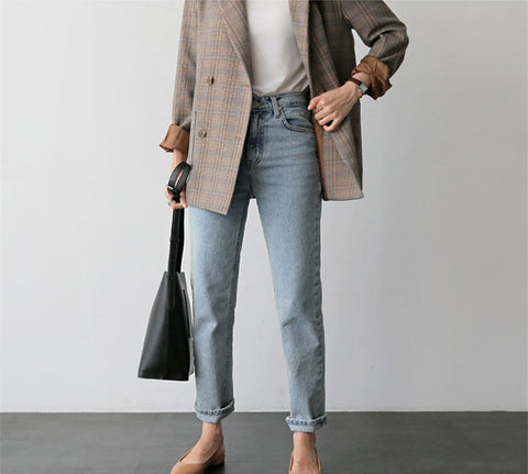 Vintage Plaid Double Breasted Women Blazer Oversized Outwear ...