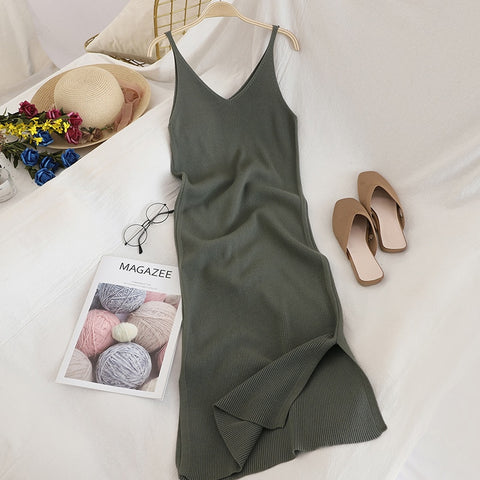 Solid Knitted Casual All Match Simple Fashion Women Dress Vestidos
