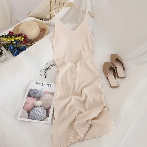 Solid Knitted Casual All Match Simple Fashion Women Dress Vestidos