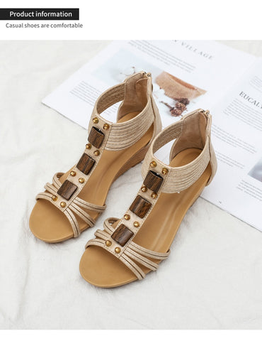 Mid Heels Wedges Shoes Ladies Vintage PU Leather Plus Size Sandalias Fashion