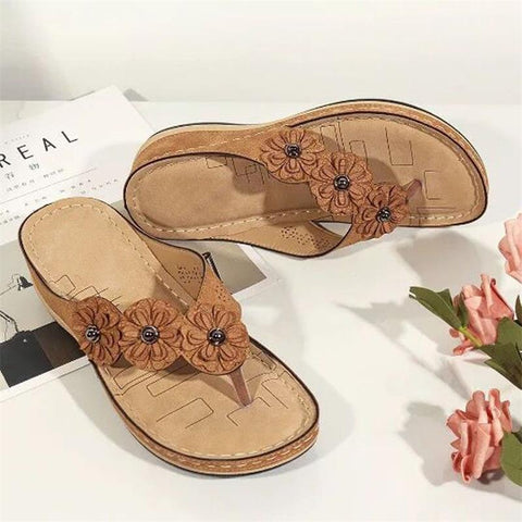 Women's Flower Wedge Vintage Flip Flops Sandals Casual Slides