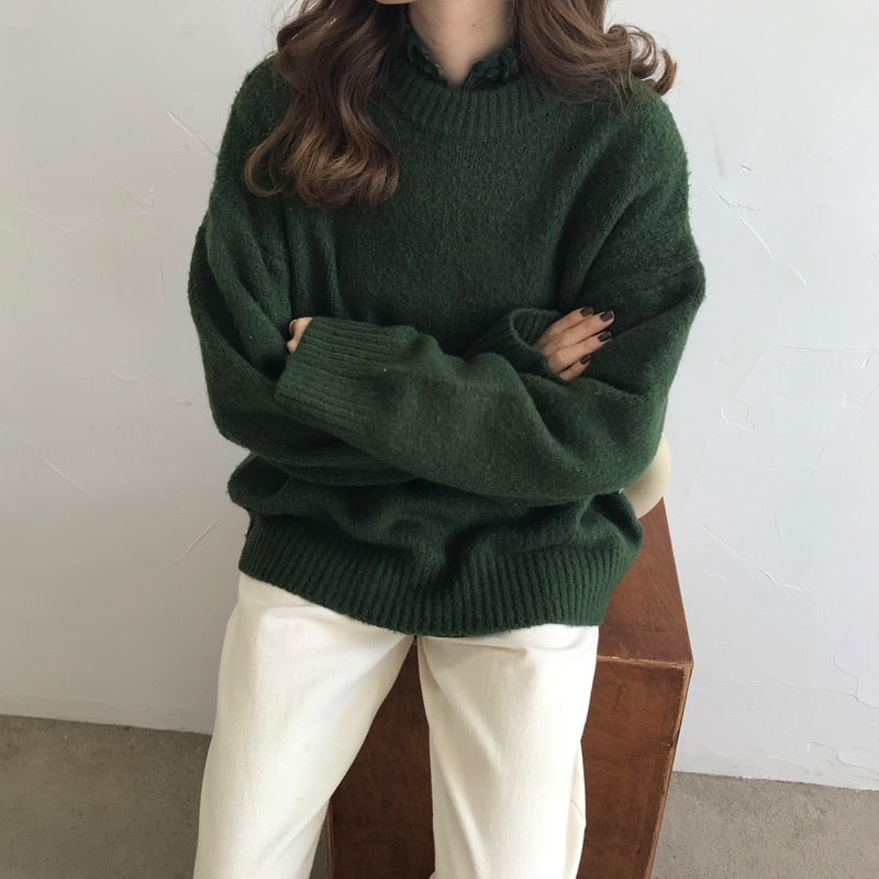 Dark Green Round Neck Pullover Sweater Long Sleeve Pullovers Jumper ...