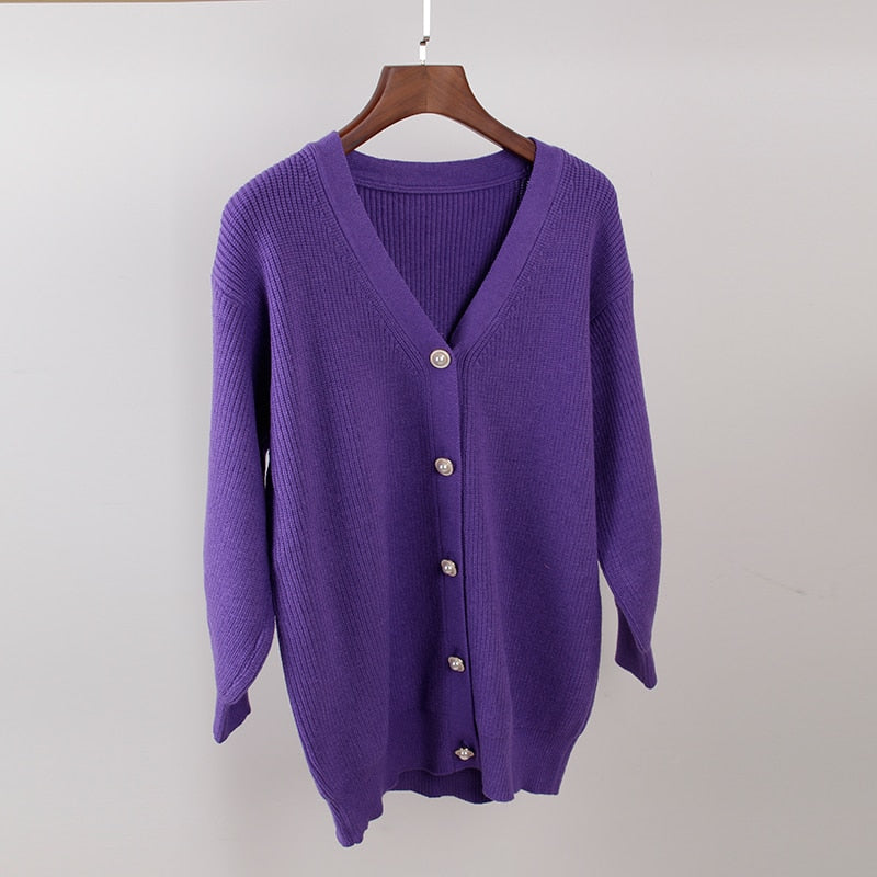 V-neck Lantern Sleeve Cardigan Women Knitted Basic Oversize Sweater