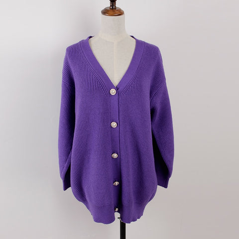 V-neck Lantern Sleeve Cardigan Women Knitted Basic Oversize Sweater