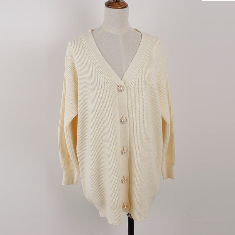 V-neck Lantern Sleeve Cardigan Women Knitted Basic Oversize Sweater