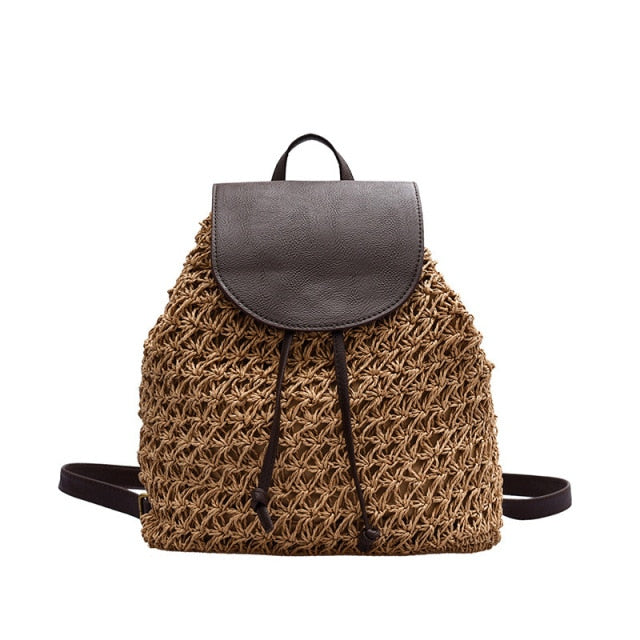 Backpack Drawstring Fashion Straw Bag Hollow Weave Pack Bag