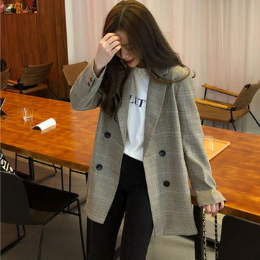 Office Ladies Notched Collar Plaid Women Blazer Casual
