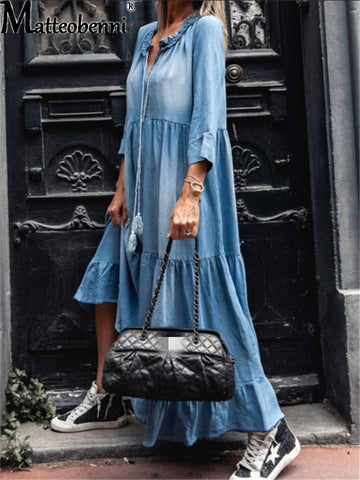 Fashion Sundress Women Vintage Ruffles Casual Maxi Long Dress
