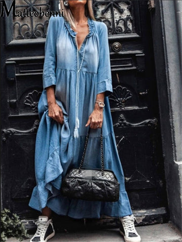 Fashion Sundress Women Vintage Ruffles Casual Maxi Long Dress