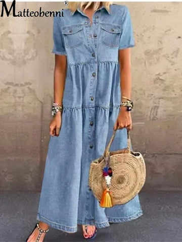 Fashion Retro Short Sleeve Turn Down Collar Pockets Buttons Ladies