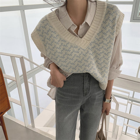 Sweaters Pullover Sleeveless Vest Waistcoat Oversized Checkered Knitwear