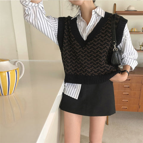 Sweaters Pullover Sleeveless Vest Waistcoat Oversized Checkered Knitwear