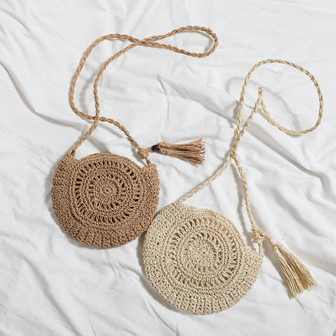 Round Tassel Straw Crossbody Rattan Handbags Handmade Woven
