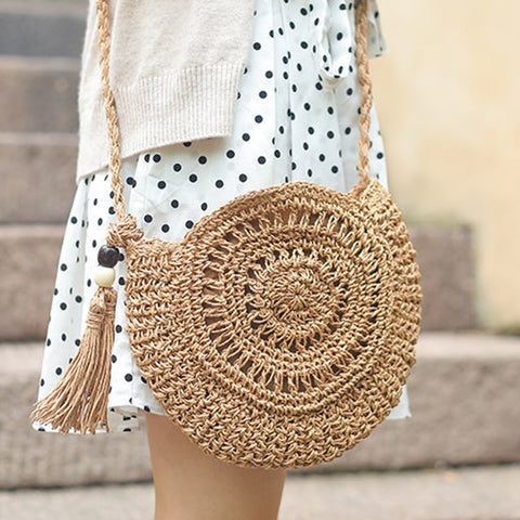 Round Tassel Straw Crossbody Rattan Handbags Handmade Woven