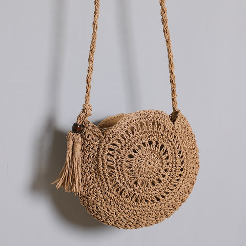 Round Tassel Straw Crossbody Rattan Handbags Handmade Woven