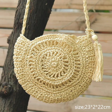 Round Tassel Straw Crossbody Rattan Handbags Handmade Woven