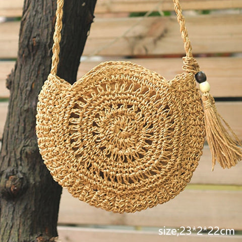 Round Tassel Straw Crossbody Rattan Handbags Handmade Woven