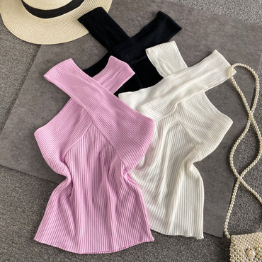 Sleeveless Women Crossed V-Neck Slim Tank Tops